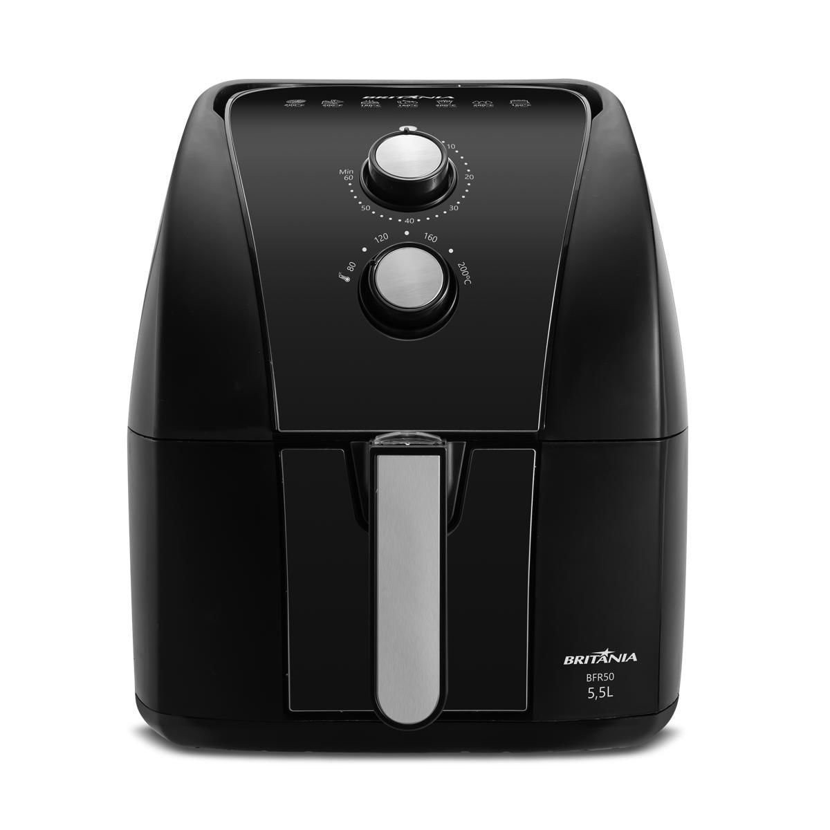 Britânia BFR50 Redstone: Air fryer de 5,5 L com cesto quadrado, 1500 W, controle analógico e revestimento Redstone, que a Britânia descreve como nano cerâmica