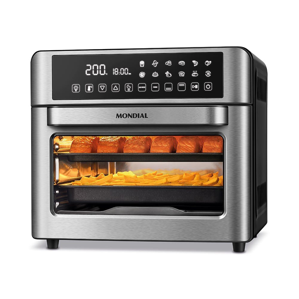 Mondial AFO-25L-BI: Air fryer oven de 25 L com até 220 °C, timer de 90 minutos, interior antiaderente e 2 assadeiras, suporte de formas e livro de receitas na caixa