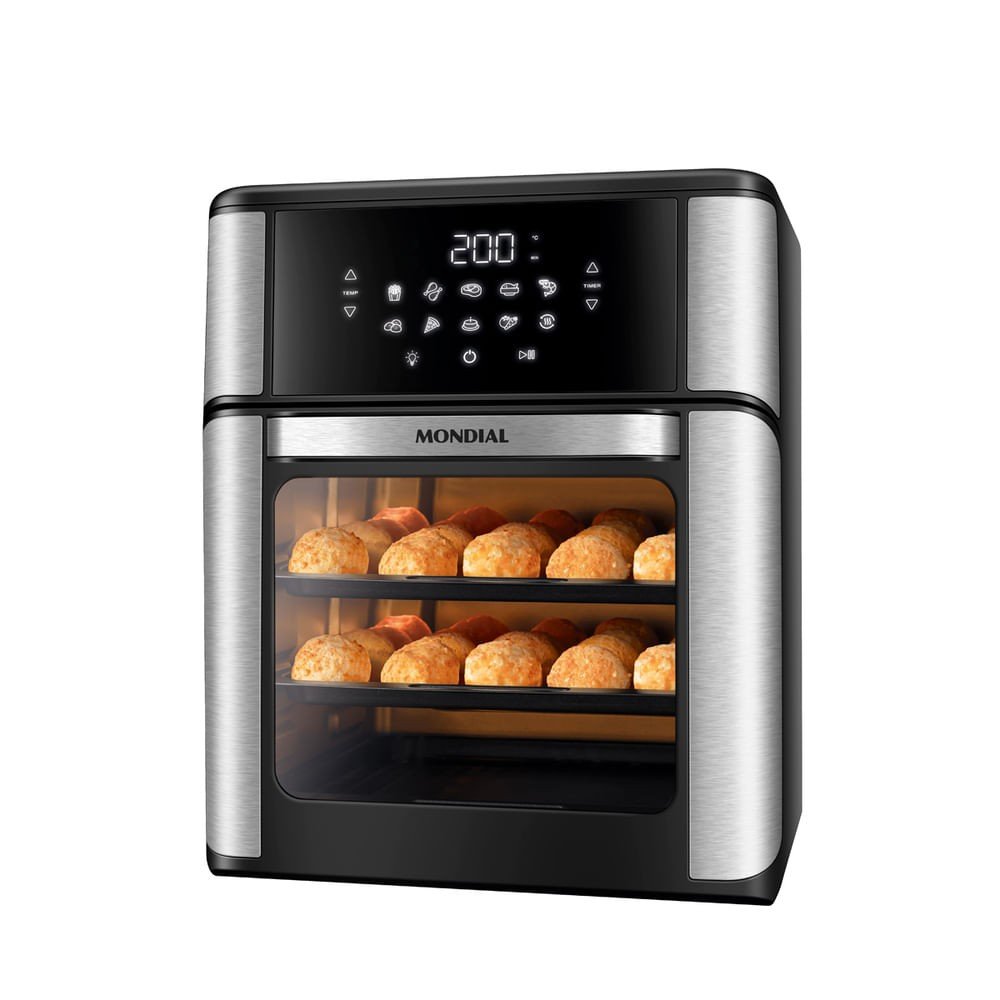 Mondial AFON-12L-BI: Air fryer oven de 12 L com painel digital, até 200 °C, timer de 90 minutos e duas assadeiras na caixa