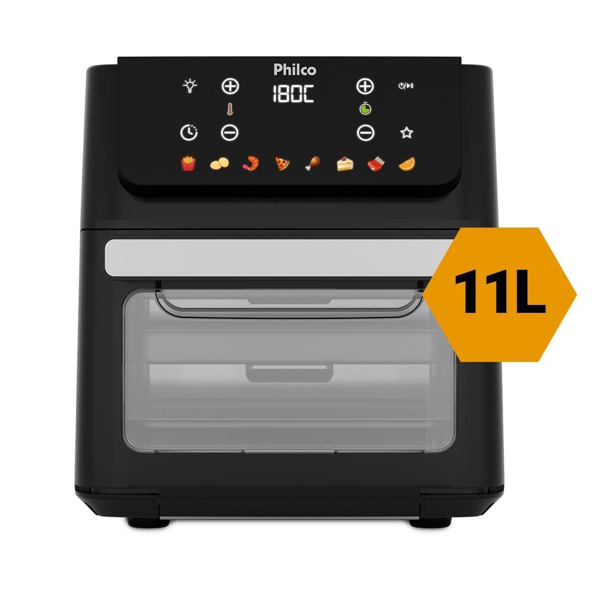 Philco PAF11B: Air fryer oven de 11 L com 1800 W, painel digital de 8 funções pré-programadas, 40 a 200 °C e cesto antiaderente removível