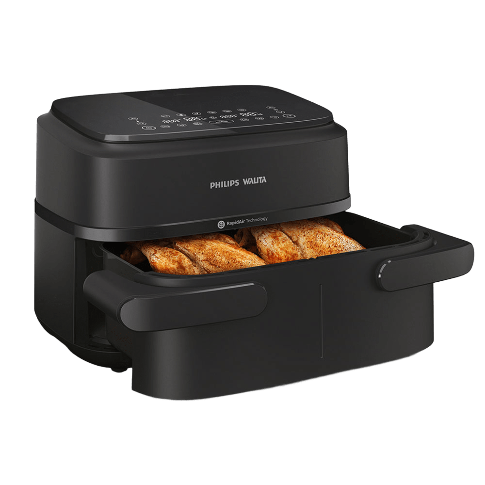 Philips Walita Série 1000 Duplo Cesto NA150: Air fryer dupla de 7,1 L, com divisória removível para dois cestos de 3,55 L ou um cesto único, e aquecimento independente