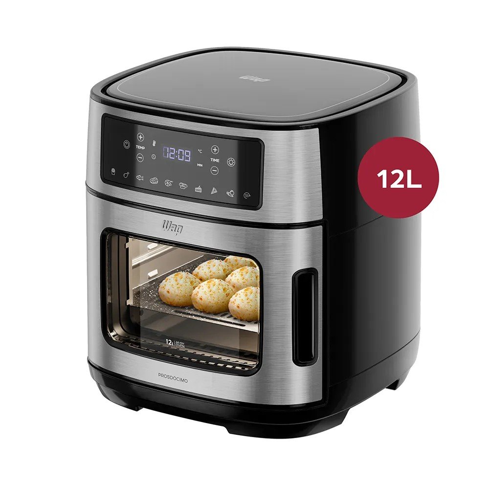 WAP WAOD1: Air fryer oven digital de 12 L com painel touch de 10 funções, porta lateral removível, visor, luz interna e garantia de 2 anos
